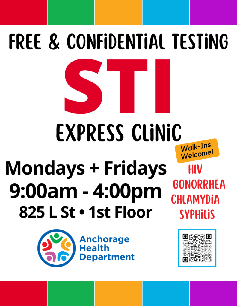 Informative poster about free STI testing times at Sexual Health Clinic in Anchorage
