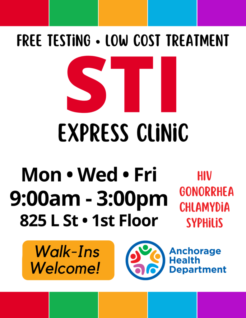 Flyer stating that AHD's 1st floor clinic offers free STI testing Mondays, Wednesdays & Fridays 9am-3pm